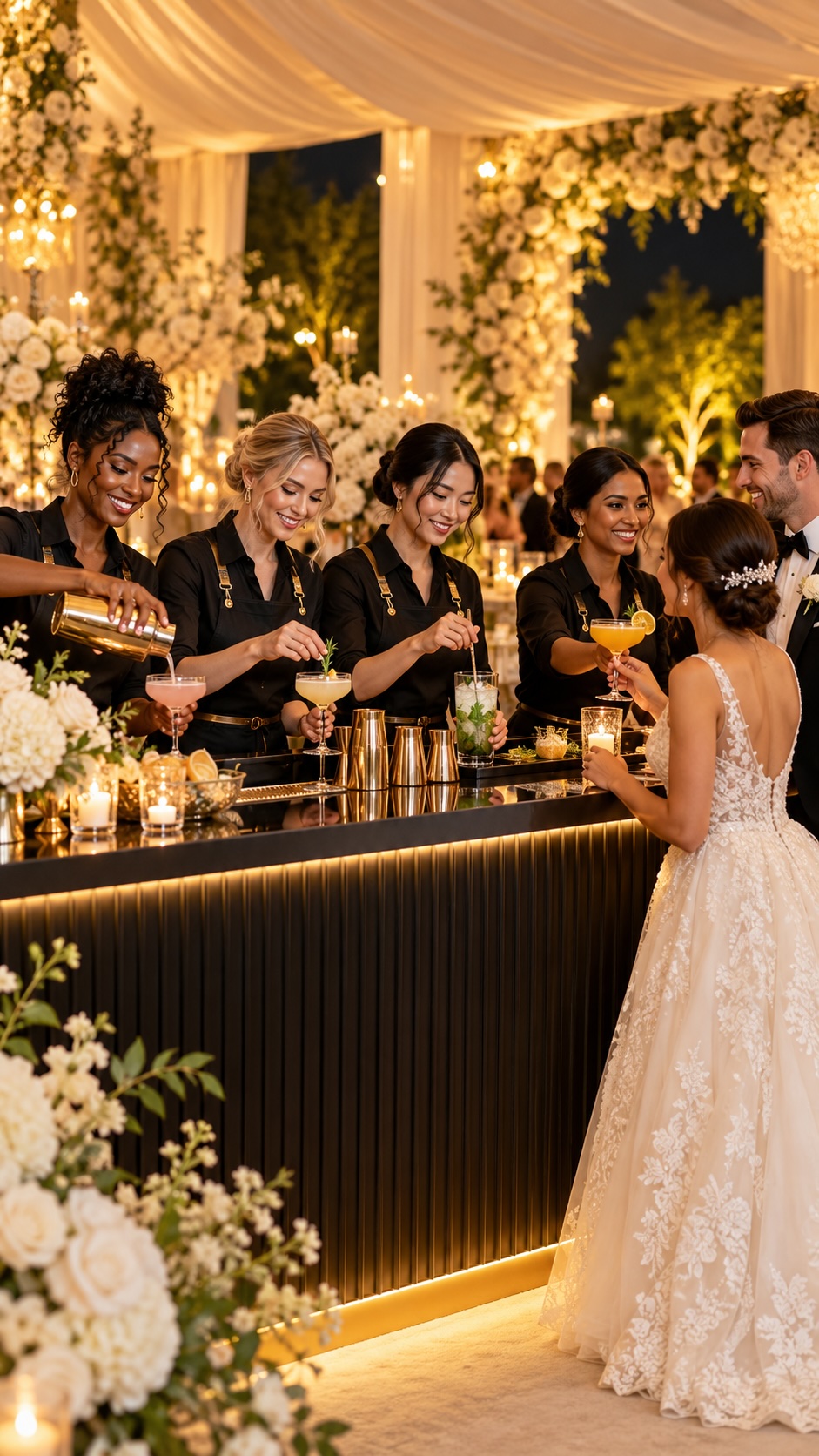 Women bartenders serving cocktails at an elegant wedding reception